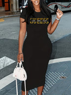 Ladies' summer GUEESS Los Angeles letter pattern printed round neck short sleeved casual slim fit sexy fashion dress