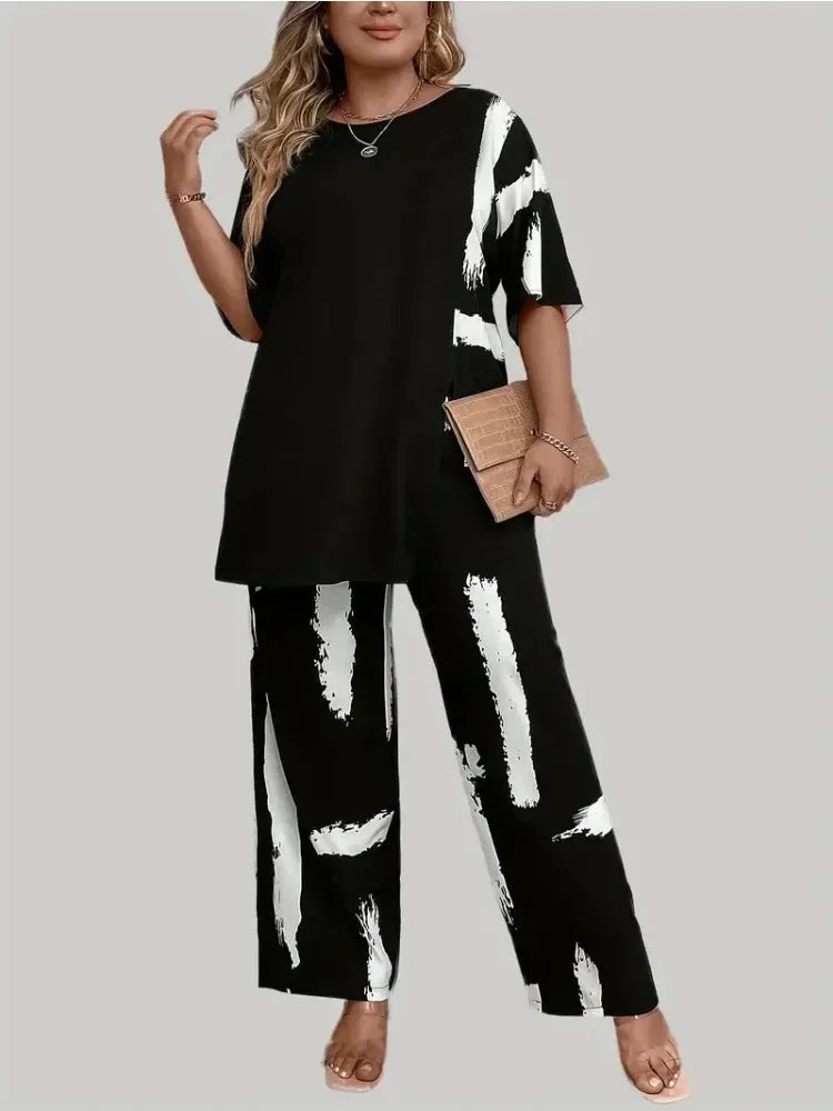 Womens Plus Size Brush Print Elegance Short Sleeve Round Neck Split Top & Matching Pants 2 Piece Outfit Set