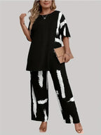 Womens Plus Size Brush Print Elegance Short Sleeve Round Neck Split Top & Matching Pants 2 Piece Outfit Set