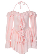 Dulzura Solid Pure Color Halter Ruffle Flare Sleeves Mini Dress 2024 Summer For Women Sexy Elegant Birthday Party Clubwear