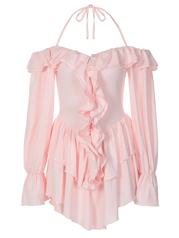 Dulzura Solid Pure Color Halter Ruffle Flare Sleeves Mini Dress 2024 Summer For Women Sexy Elegant Birthday Party Clubwear