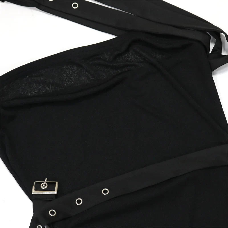 Summer Women Sleeveless Perspective Bodycon Sexy Night Club Mini Dress Inclined Collar Sashes Irregular Party Dress Black White