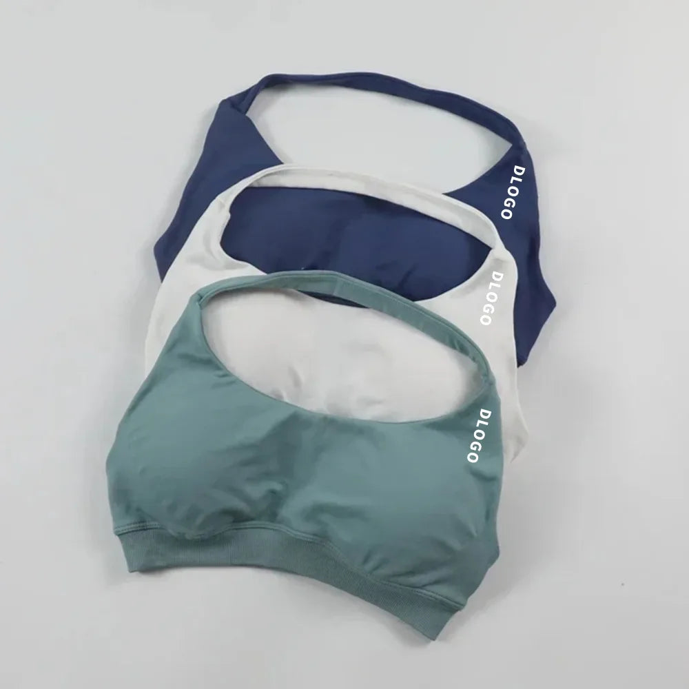 D LOGO Sports Bra Women Seamless Halter Neck Strap Bra with Logo Padded Open Back Yoga Top Bra Medium Support Gym Crop Top