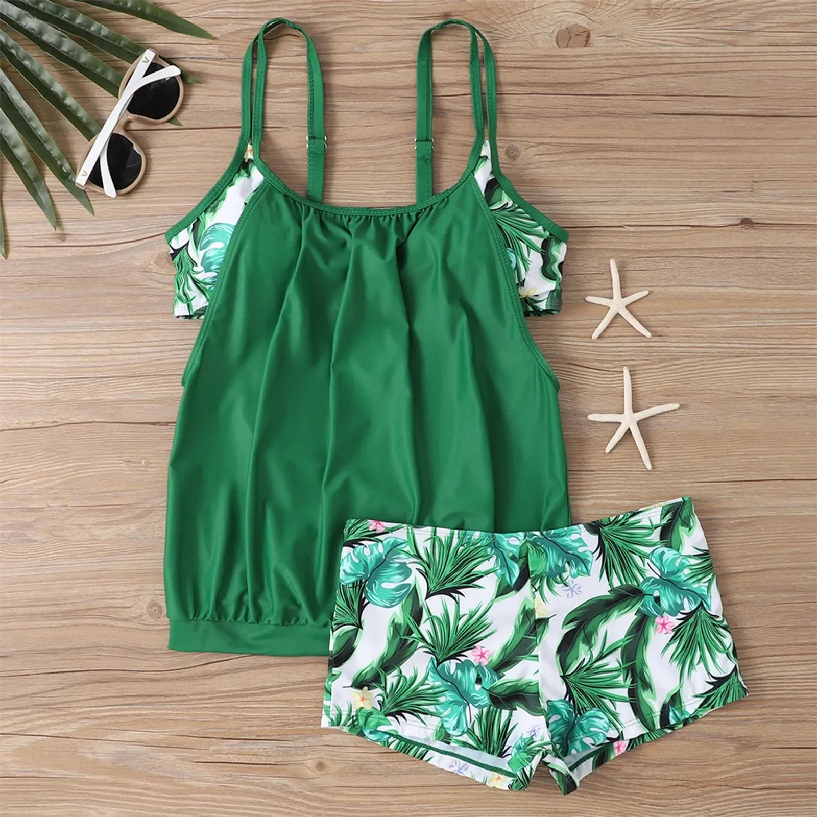 Women's Sexy Slim fit printed suspenders slit boxer shorts bikini plus size swimsuit two piece comfortable pretty swimwear swims