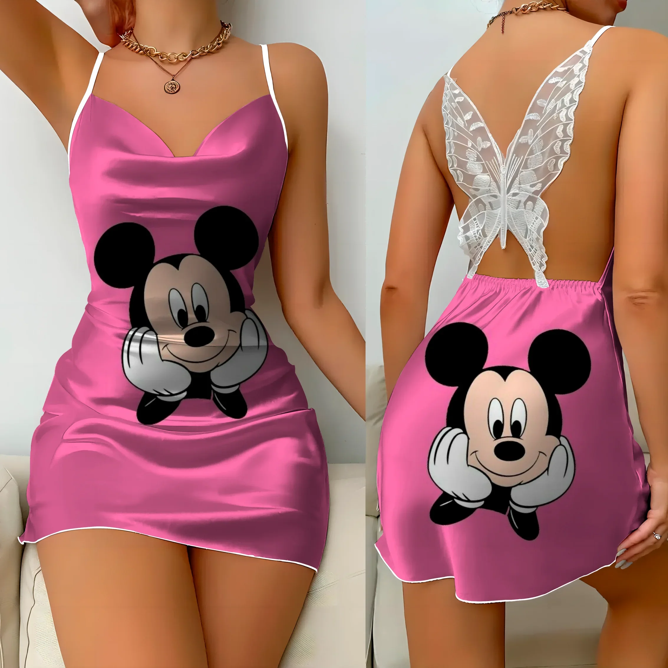 Mini Dress Pajama Skirt Bow Knot Party Dresses Satin Surface Minnie Mouse Mickey Womens Fashion Summer 2025 Elegant Women