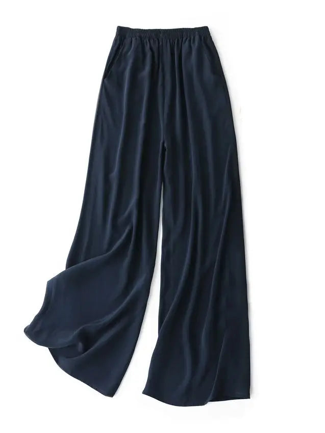 SuyaDream Women Wide Leg Pants 100%Real Silk Solid Elastic Waisted Ankle-length 2024 Office Spring Autumn Chic Trousers Black