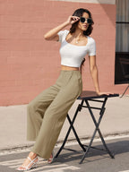 TACVASEN High Waisted Fashion Wide Leg Trousers Womens Loose Casual Long Pants Lightweight Soft Button Closure 2 Pockets Pants