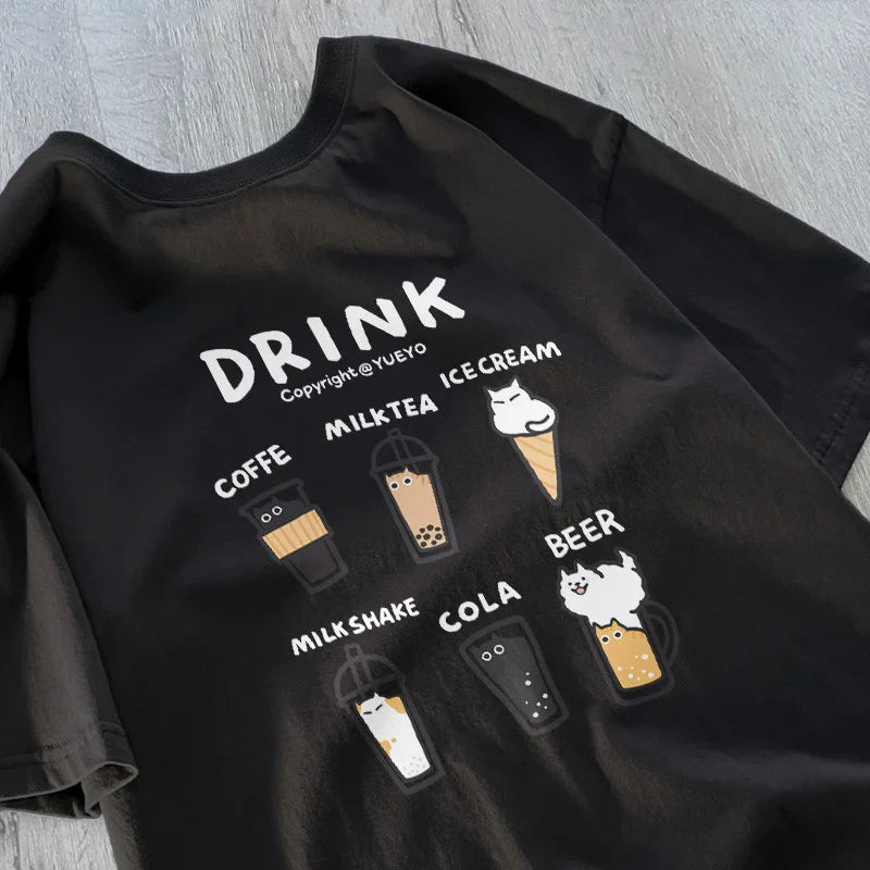 Women's Korean Drink Cat Letter Print Loose Short Sleeve T-Shirt Summer Soft Comfort Shirt