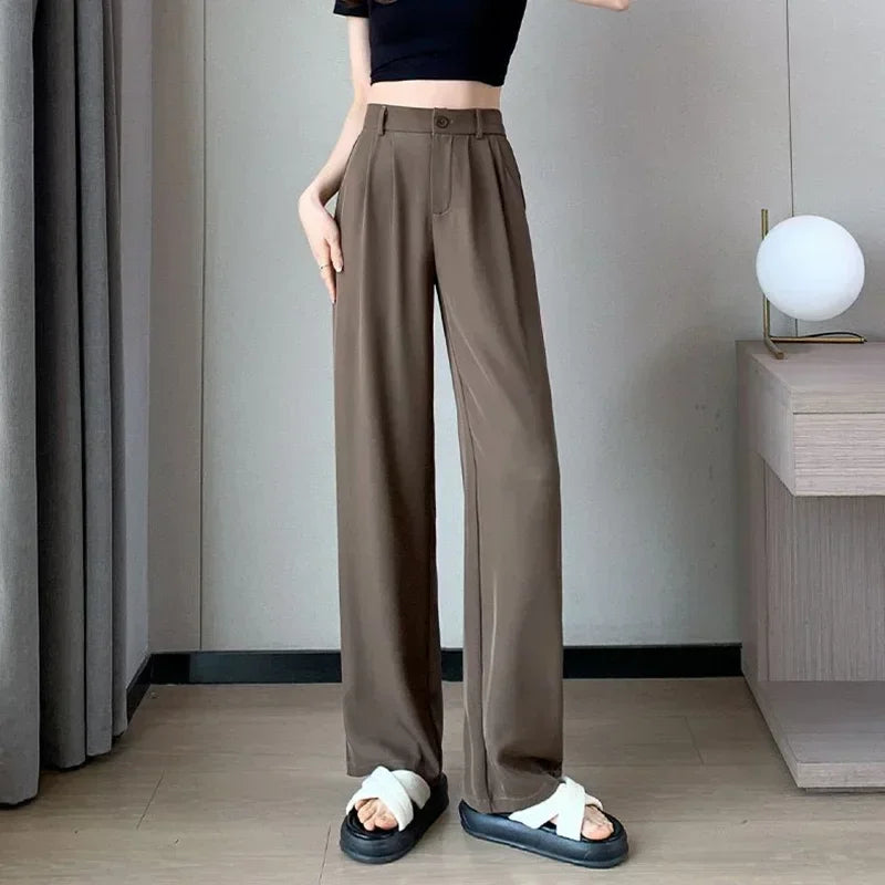 Women Full Length Pants Lady Baggy High Waist Wide Leg Solid Color Trousers Lady Straight Leg Mom Classic Office Pants Slacks