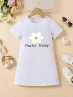 Girls' white floral print dress, comfortable polyester blend, elastic and comfortable