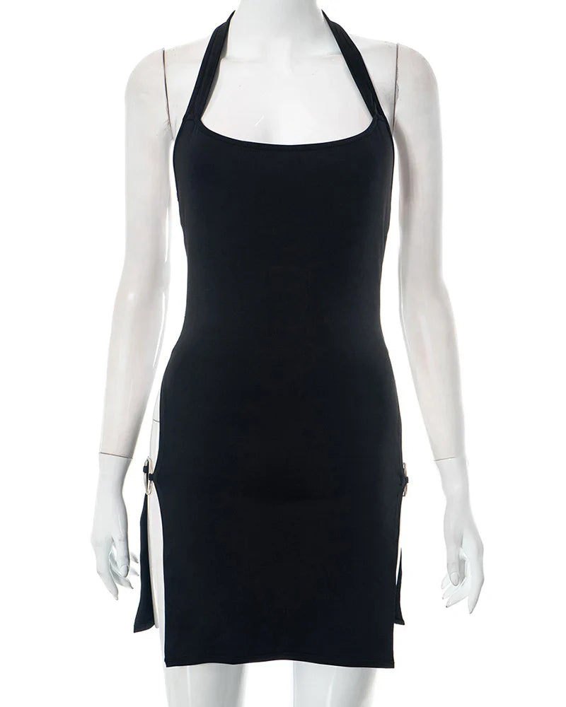 Y2K summer new solid color backless hollow hanging neck sexy spicy girl tight fitting dress