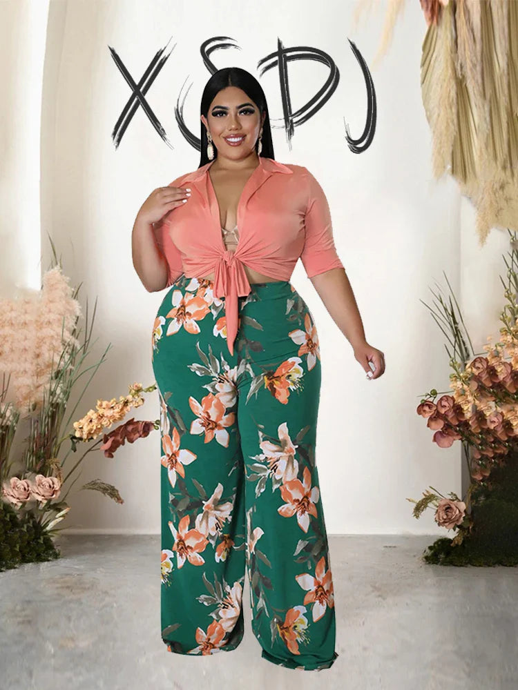 Two Piece Set Women Outfit 2x 3x 4x Summer Suit Elegant Pants and Blouse Set Casual Plus Size Pants Set Wholesale Dropshipping