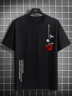 Men's Summer Loose Size 100% Cotton Rose Print Casual Slim Fit Round Neck Short Sleeve T-shirt Top