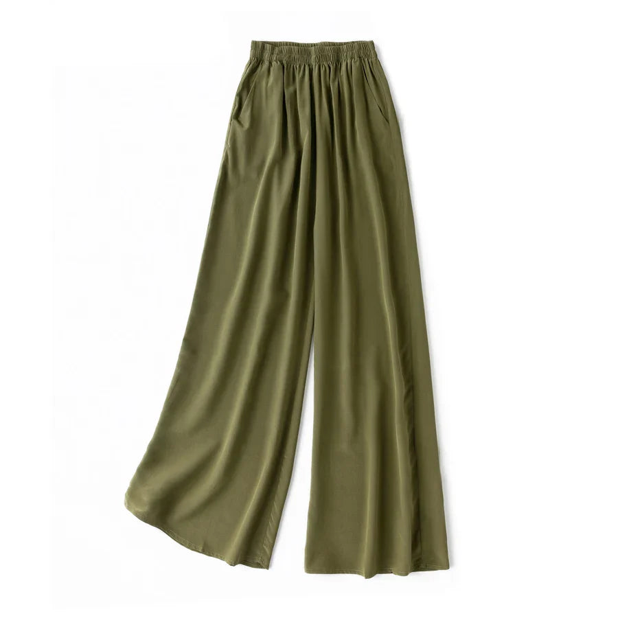 SuyaDream Women Wide Leg Pants 100%Real Silk Solid Elastic Waisted Ankle-length 2024 Office Spring Autumn Chic Trousers Black