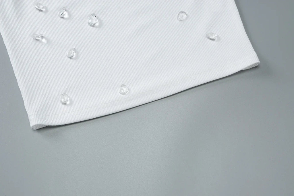 Dulzura Ribbed Sleeveless Crop Tank With Water Droplets Diamond Decorate Sexy Elegant Top Party Club Streetwear Spring Summer