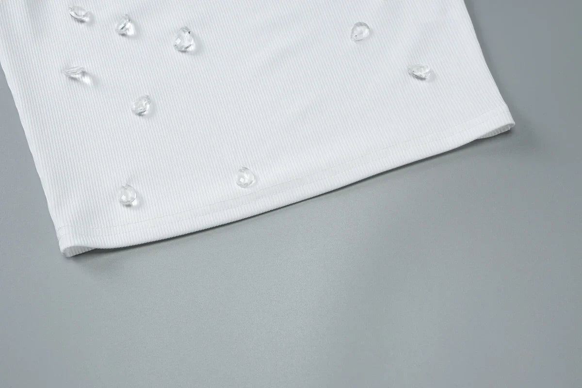 Dulzura Ribbed Sleeveless Crop Tank With Water Droplets Diamond Decorate Sexy Elegant Top Party Club Streetwear Spring Summer