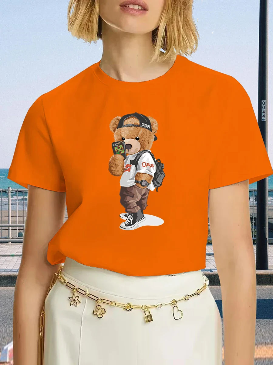 Luxury Brand Fashion Black Selfie Bear Printed Crew Neck Clothing Short Sleeve T-Shirt Trend Women's Summer Y2K Top