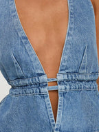 Combhasaki Women's Y2K Summer Halter Neck Crop Tops Bow Tie-up Sleeveless Deep V-Neck Backless Solid Color Denim Flare Vest