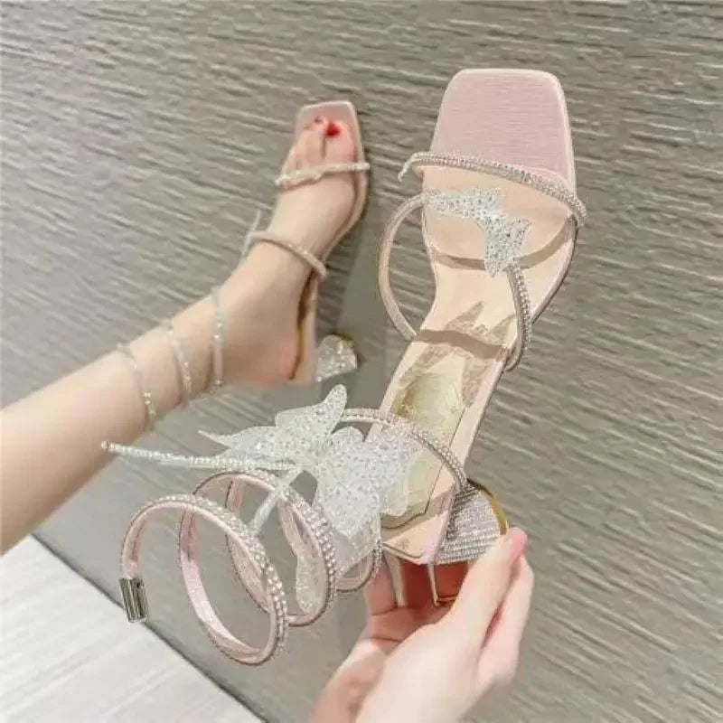 Xibeilove 2024 Summer Luxury Women Sandals Crystal Square Head Gold Rhinestone Snake Pattern High Heels Wedding Party Shoes