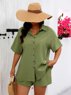 GIBSIE Plus Size Holiday Two Piece Set Women Summer Short Sleeve Button Down Shirt With Pockets Solid Elastic Waist Shorts Sets