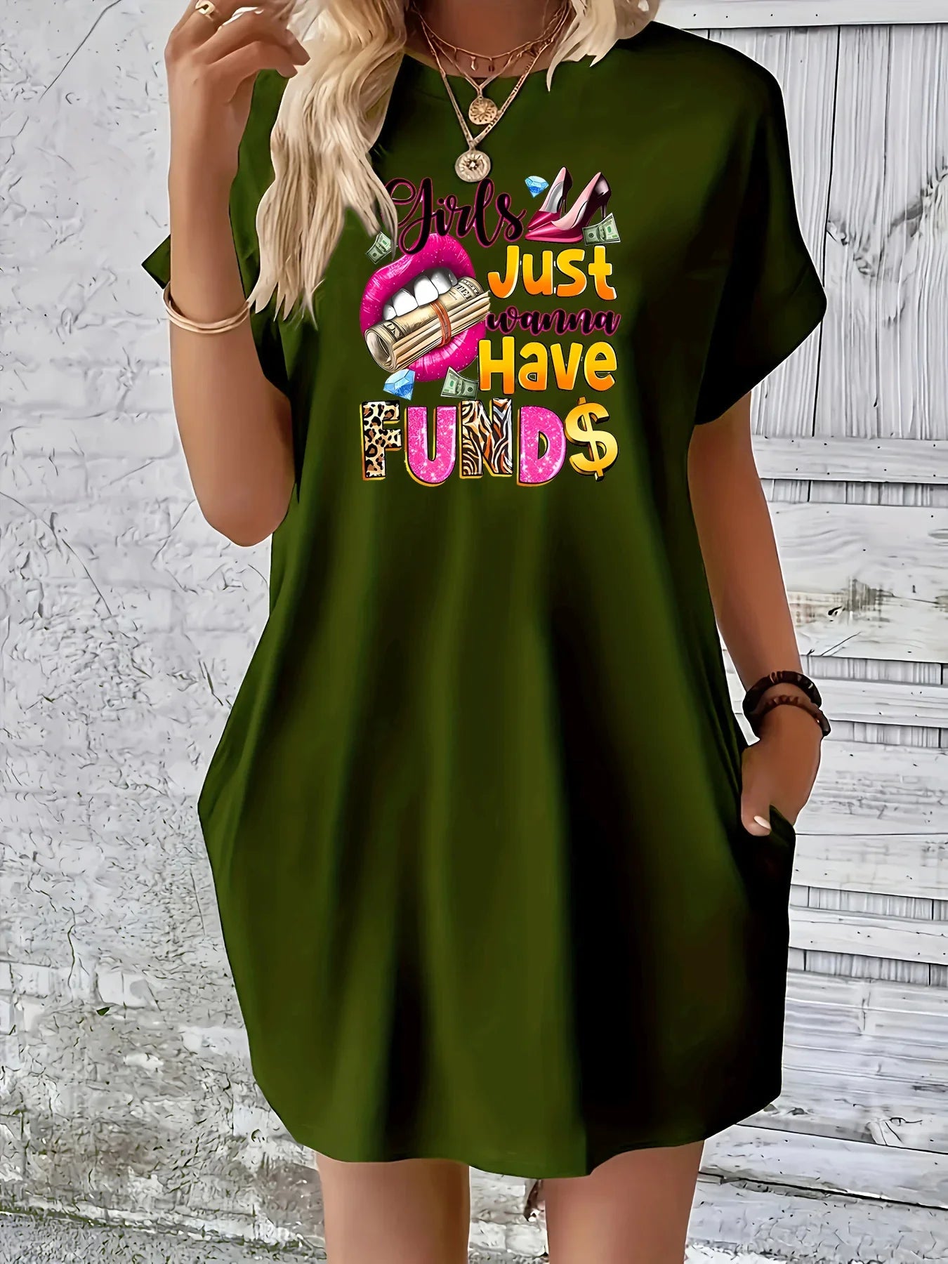 Women's summer lip print high heels pattern print casual loose plus size street wear round neck short sleeved pocket dress