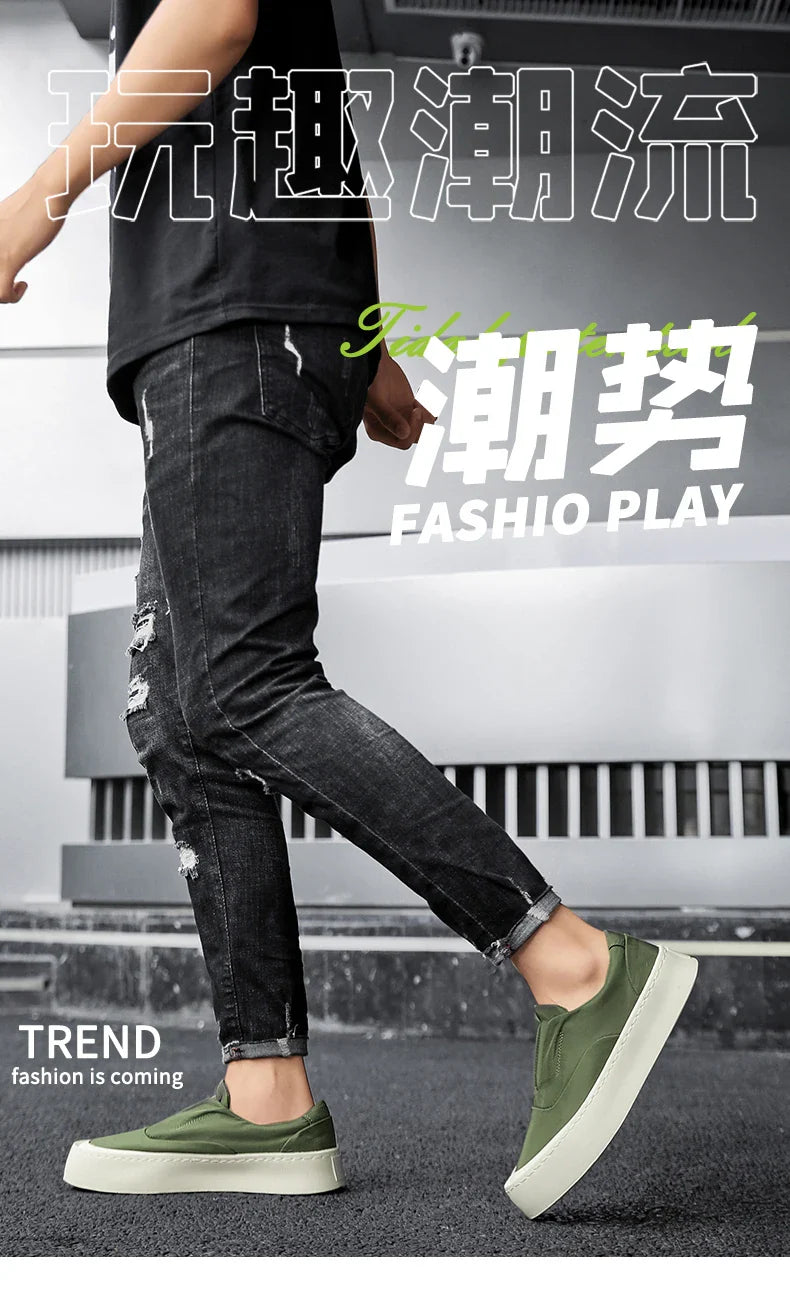 Canva Men's Casual Sneakers Summer Breathable Ice Silk Lazy Shoes Work Cloth Shoes Thick Bottom Black Sports Shoes