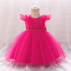 Toddler Bow White Baptism Party Baby Girl Dress Fly Sleeves 1st Birthday Wedding Princess Dresses Tutu Lace Evening Kids Clothes