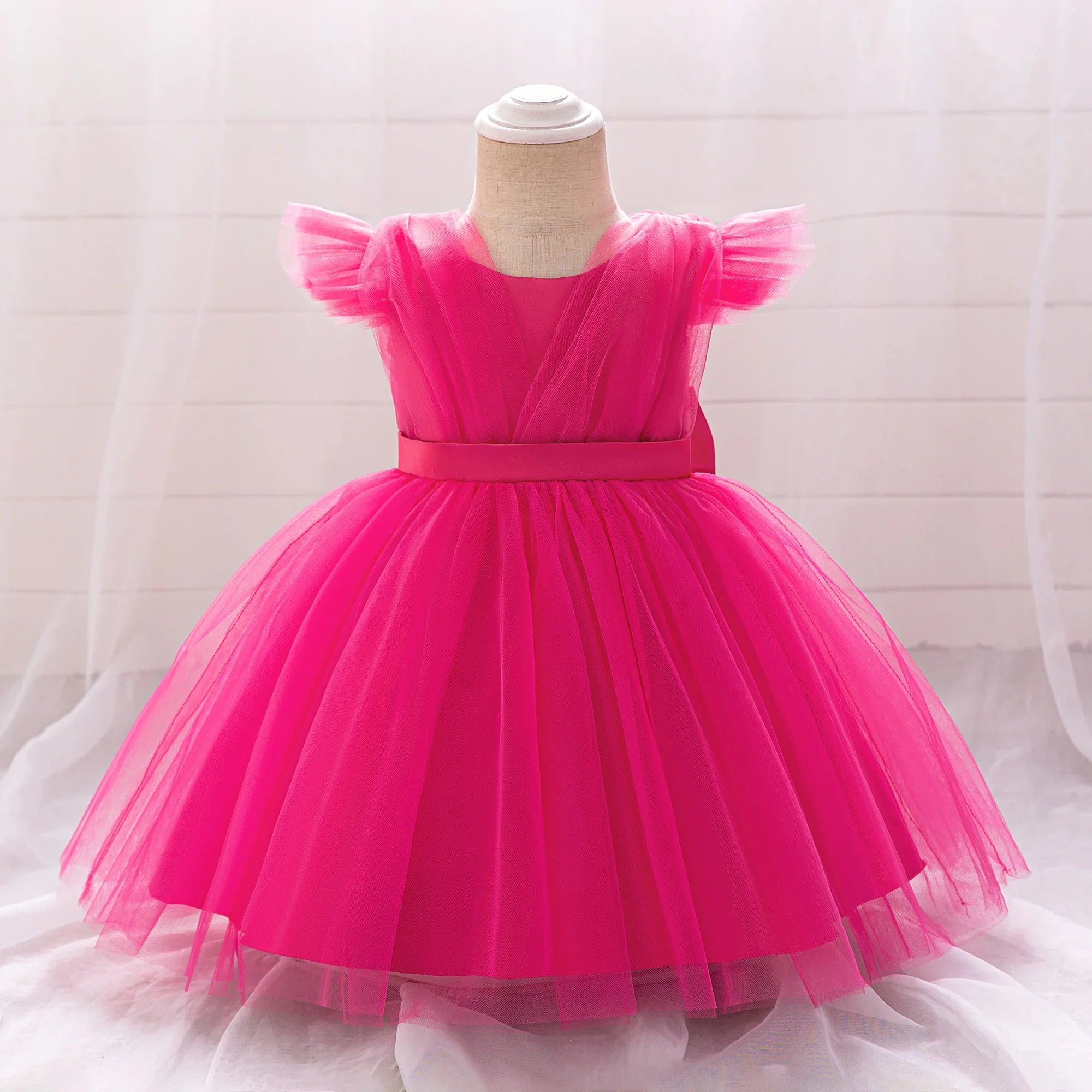 Toddler Bow White Baptism Party Baby Girl Dress Fly Sleeves 1st Birthday Wedding Princess Dresses Tutu Lace Evening Kids Clothes