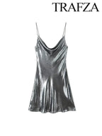 TRAF Women's Metallic Colour Glitter Dress Sexy Backless Sleeveless Spaghetti Strap Dresses Party Bar Sleeveless Short Dresses