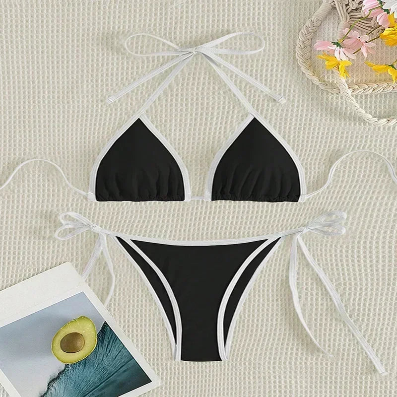 Contrasting Colors String Micro Thong Bikinis Sets Sexy Swimsuit Women 2025 Halter Mini Swimwear Biquinis Beachwear Bikini Mujer