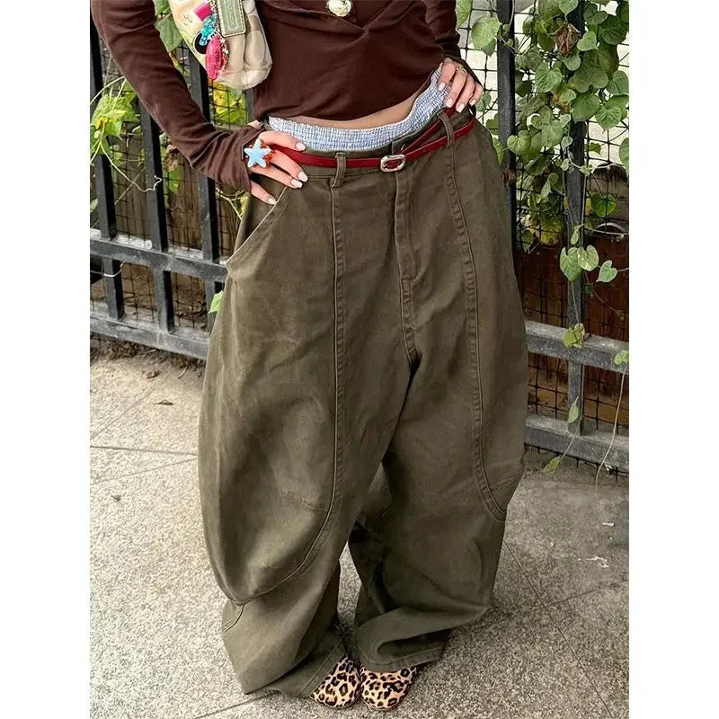 Y2K Women Streetwear Vintage Cargo Harajuku Parachute Jeans Wide Leg Gyaru American Retro Denim Pants 2000s Trousers Clothes