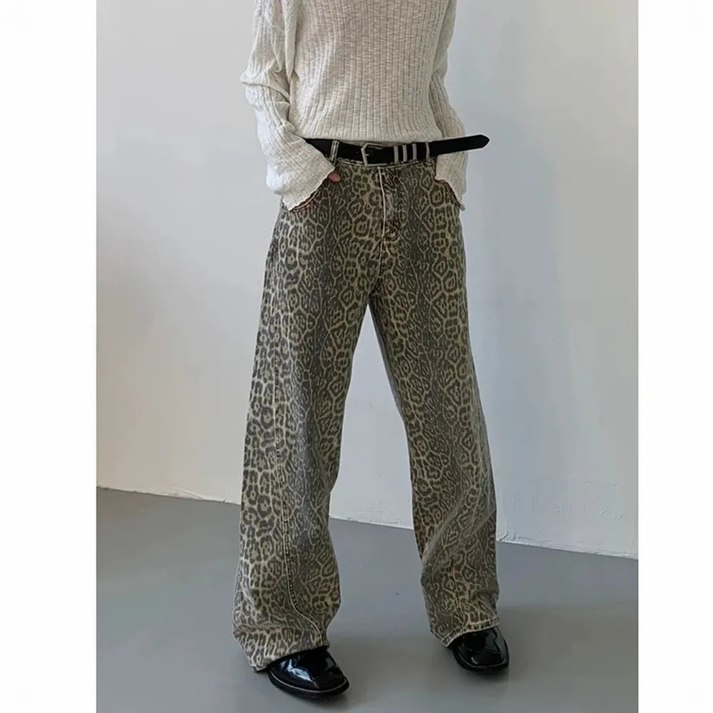 Women's Jeans Leopard High Waist Hip Hop Straight Fashion Pants Streetwear Harajuku Y2K Style Female Wide Leg Denim Trousers