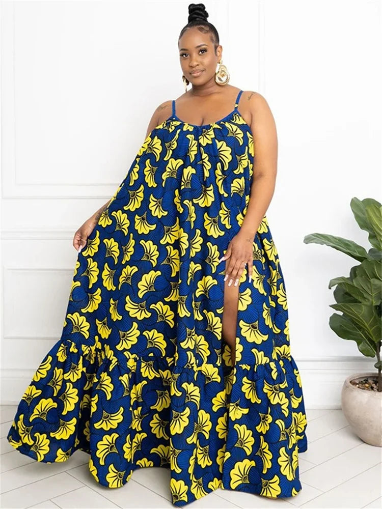 Wmstar Plus Size Dresses for Women Floral Printed Slip  Loose Stretch Big Swing Maxi Dress Summer Clothes Wholesale Dropshipping