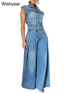 Vintage Loose Denim Wide Leg Pants Jumpsuit Women Pocket Sleeveless Single Breasted Baggy Jean One Piece Rompers Street Overalls