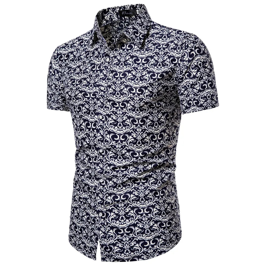 Summer New Men's Short Sleeved Shirt Thin Collar Hawaiian Style Floral Shirt Vacation Series Men's Shirt
