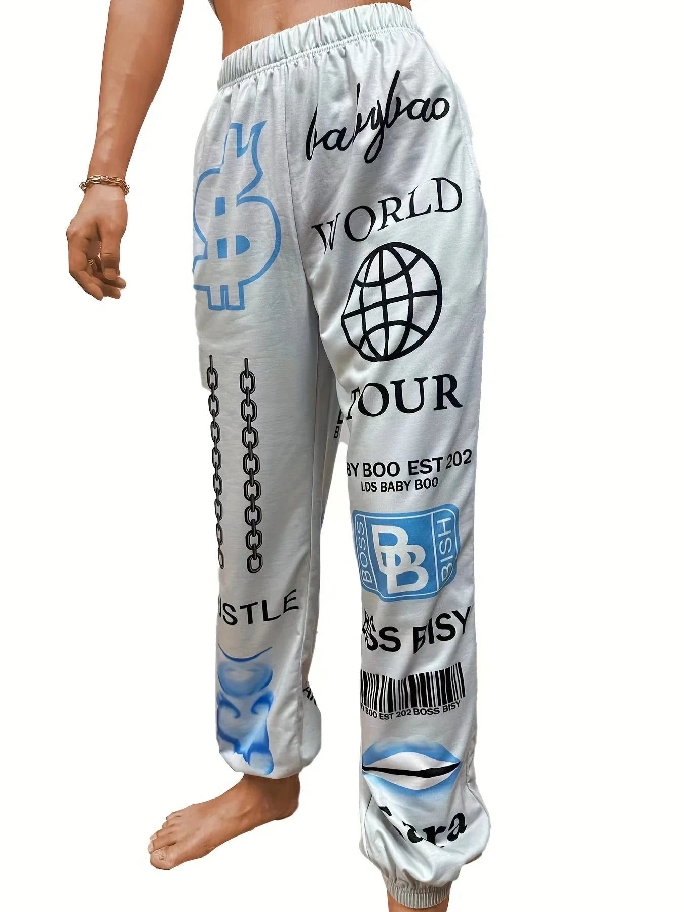 Summer New Printed Fashion Elastic Waist Sports Casual Harlan Pants for Women