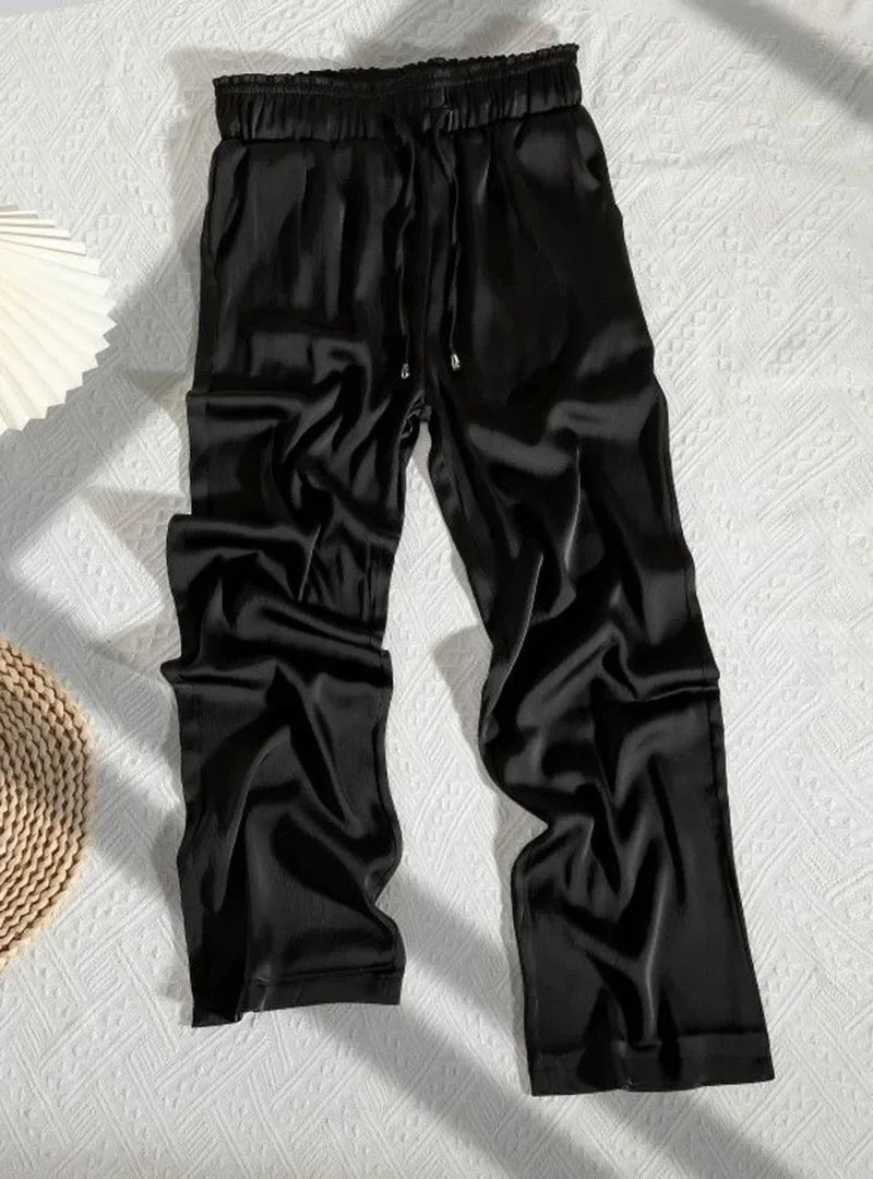 High Quality Wide Leg Pants Women Vintage Drawstring High Waist Satin Silk Pants Woman Casual Loose Straight Trousers