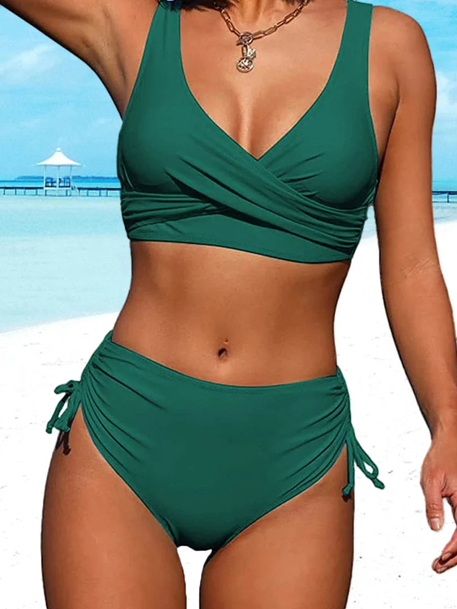 Drawstring High Waist Bikini 2023 Women Solid Swimwear Female Cross Front Swimsuit Padded Beachwear Bather Bathing Swimming Suit