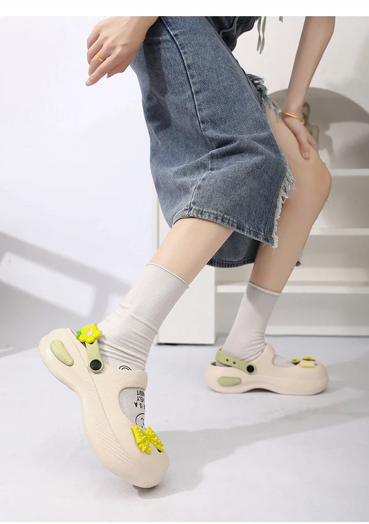Women Mary Jane Sandals Platform Cute Bow Knot Girl Clogs Arch Support Garden Shoes Slip-on Outdoor Beach Shoes Height Increase