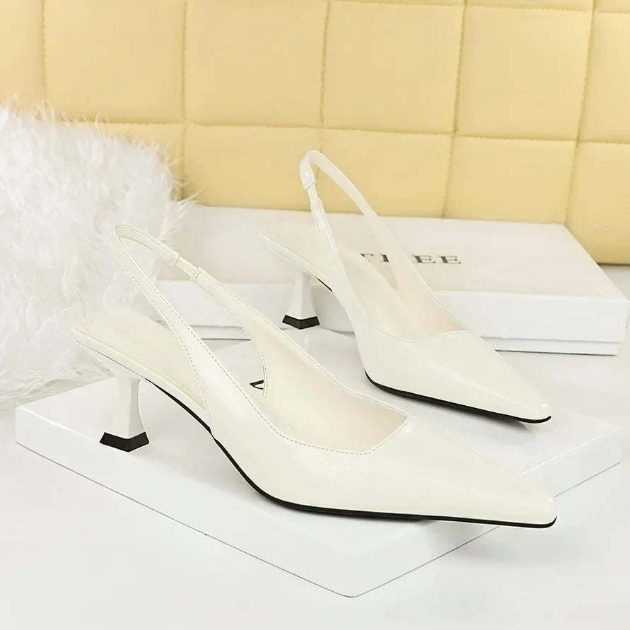 Women 6cm High Heels Retro Streetwear Catwalk Sandles Lady Daily Work Slingback Strap Elastic Mid Heels Glossy Leather Sandals