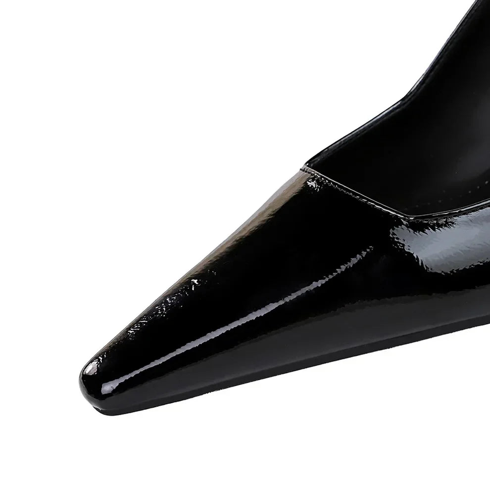 Women 6cm High Heels Retro Streetwear Catwalk Sandles Lady Daily Work Slingback Strap Elastic Mid Heels Glossy Leather Sandals