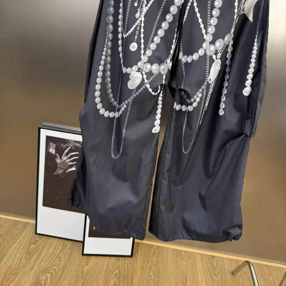 VGH Hit Color Pearl Printed Wide Leg Pant for Women High Waist Spliced Pockets American Streetwear Floor Length Trousers Female