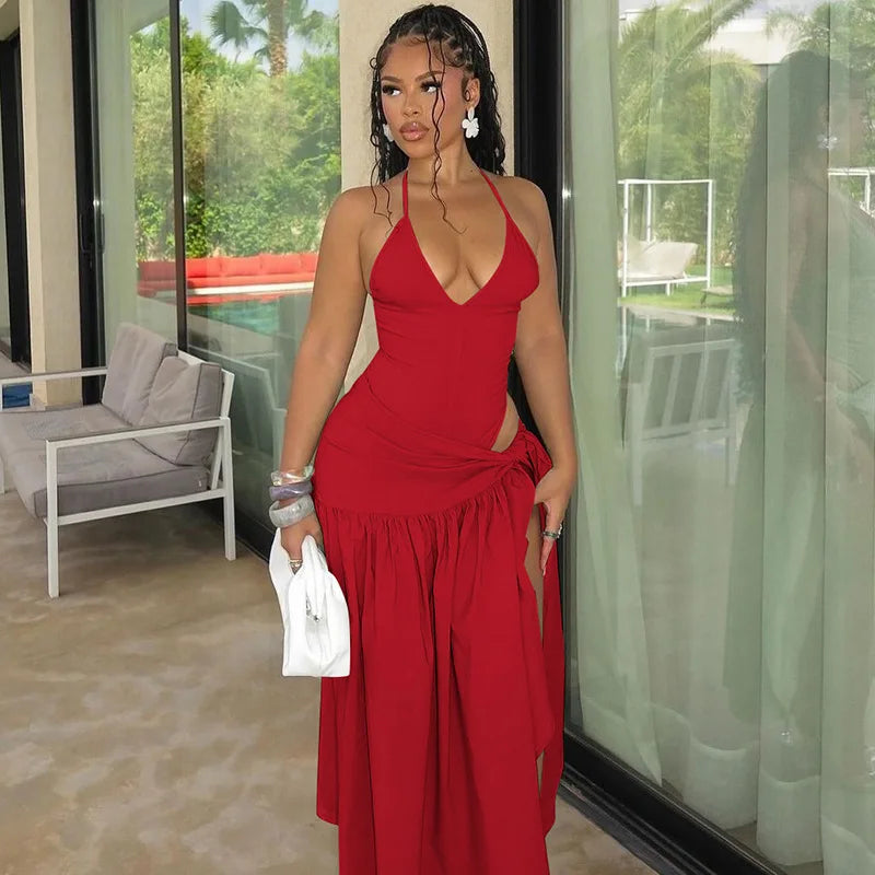 Women Sexy Cut Out Dress Sets Halter Deep V Neck Bodysuit and Tie Maxi Long Skirt Set 2025 Summer Two 2 Piece Vacation Outfits