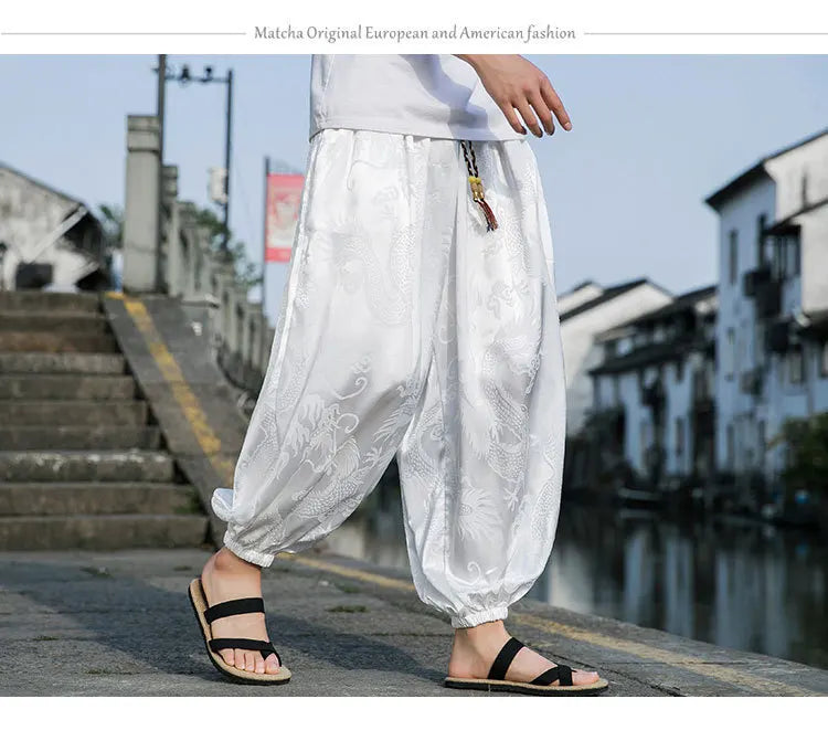 FGKKS 2023 Outdoor Brand Pants For Men Lce Silk Dragon Dark Flower Loose Bloomers High Quality Wide Leg Casual Trousers Male