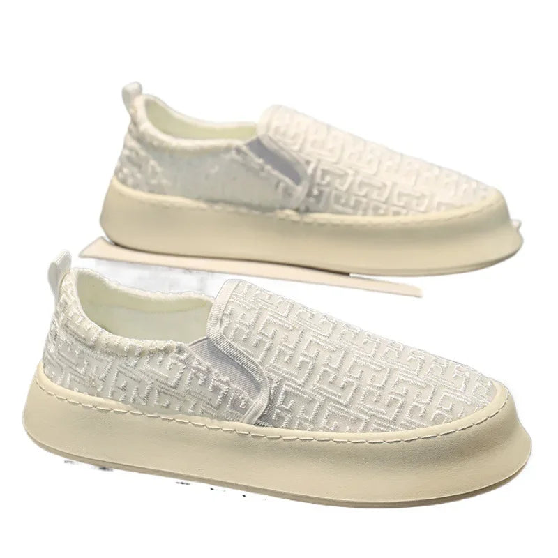 Canva Men's Casual Sneakers Summer Breathable Ice Silk Lazy Shoes Work Cloth Shoes Thick Bottom Black Sports Shoes