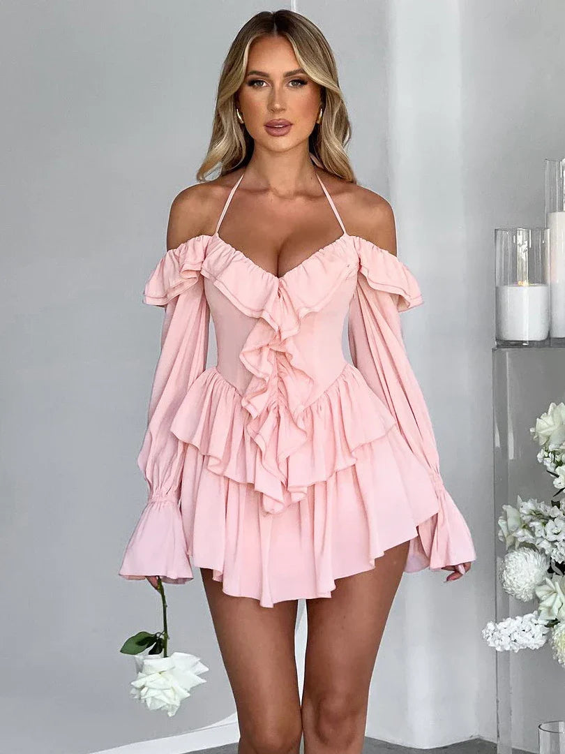 Dulzura Solid Pure Color Halter Ruffle Flare Sleeves Mini Dress 2024 Summer For Women Sexy Elegant Birthday Party Clubwear