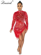 Znaiml Luxury 2023 Evening Celebrity Feathers Sheer Mesh Short Dresses for Women Sexy Pearls Rhinestones Party Birthday Vestidos