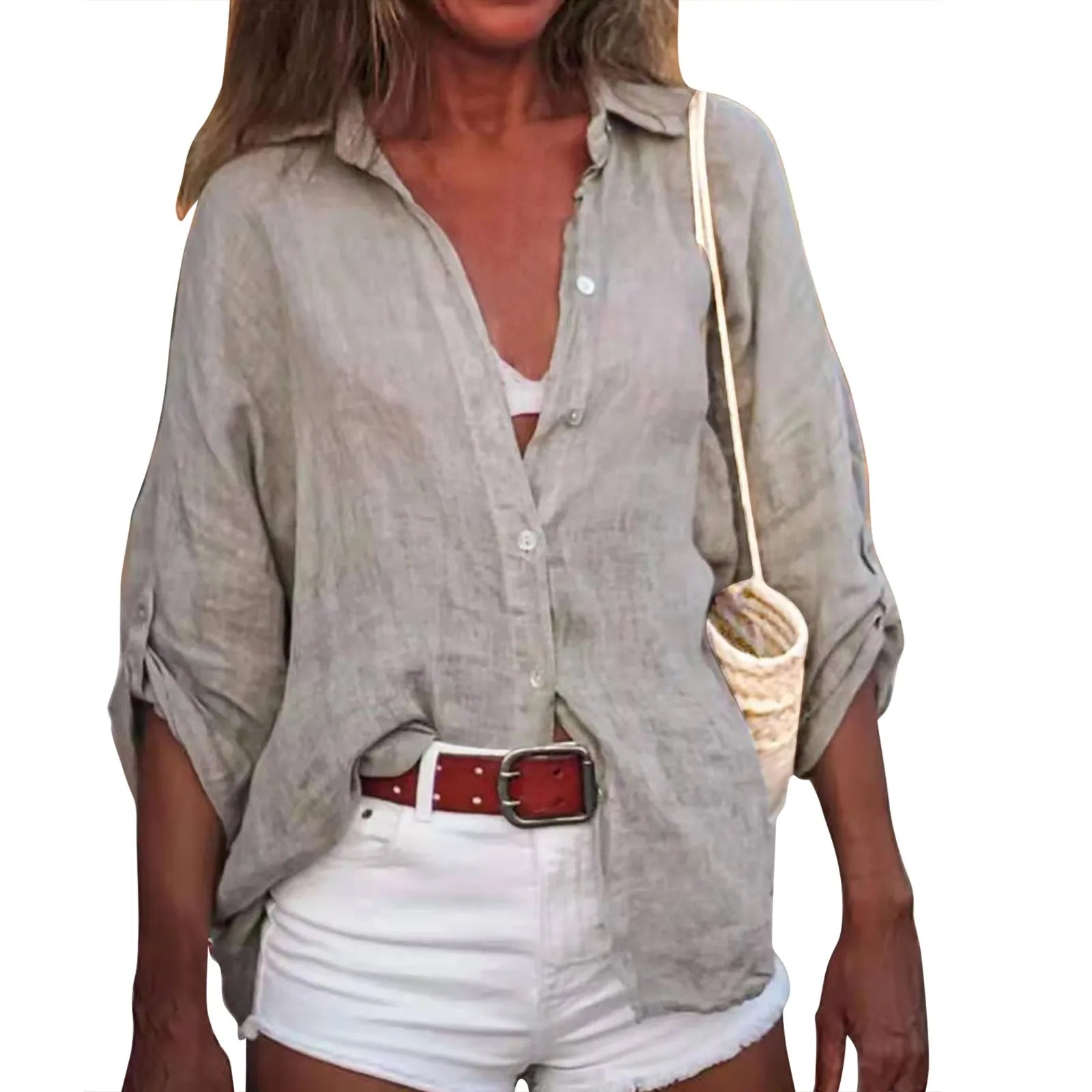 Summer Plus Size Cotton Linen Solid Color Seven-Point Sleeve Shirt V-Neck For Ladies Loose Casual Lightweight Camisas De Mujer