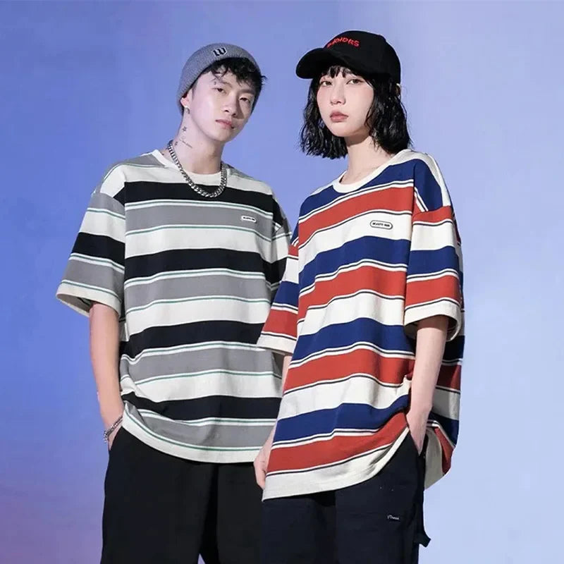 New Loose Contrast Color Short Sleeve Main Striped T-shirts Couples For Men And Women Summer Vintage Harajuku Tee Oversized Tops
