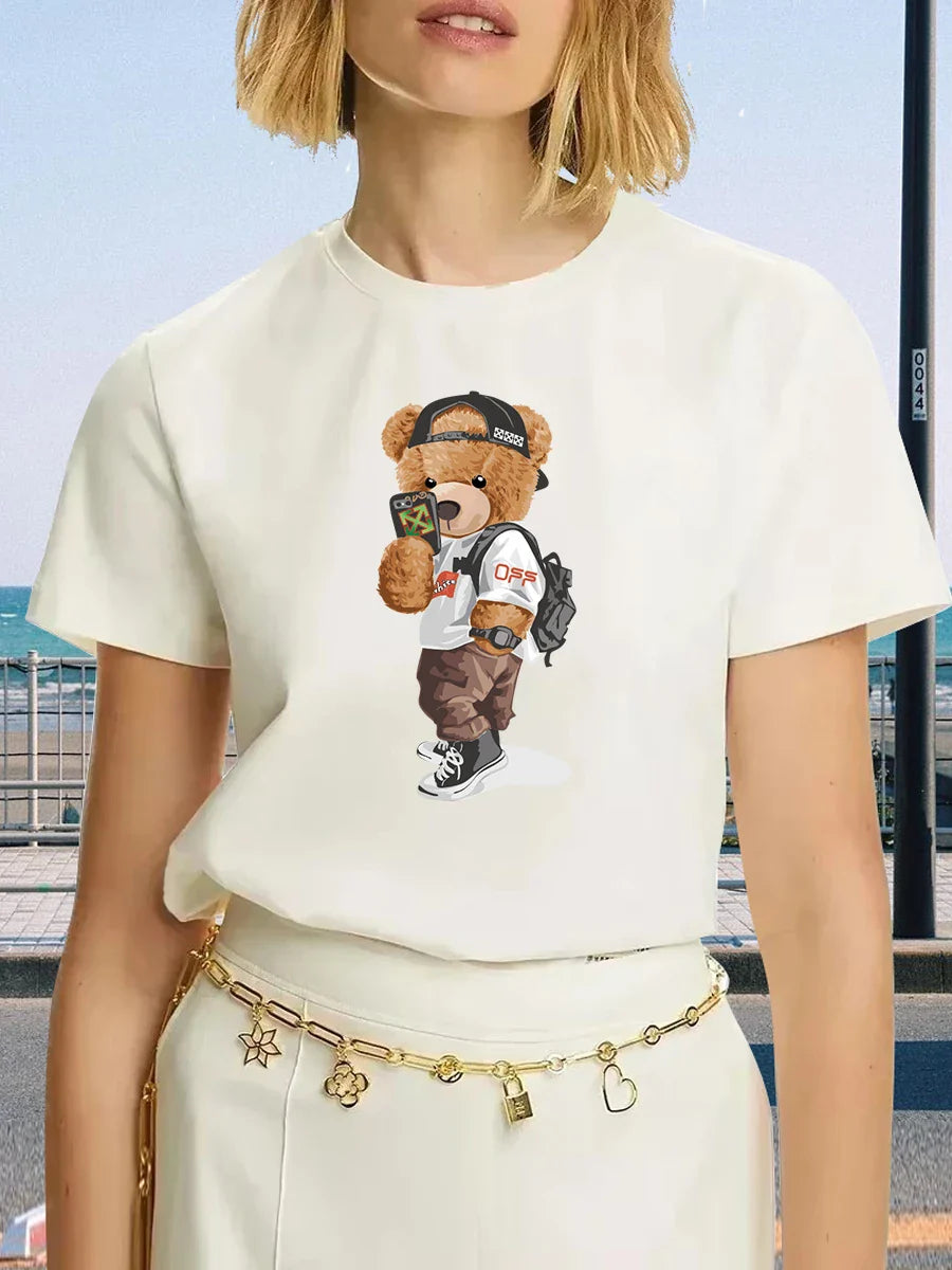 Luxury Brand Fashion Black Selfie Bear Printed Crew Neck Clothing Short Sleeve T-Shirt Trend Women's Summer Y2K Top